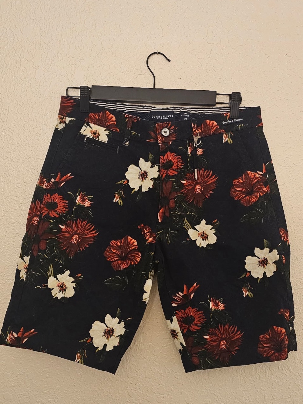 Denim & Flower Navy Shorts with Red and White Floral Print